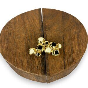 VINTAGE BLACK/WHITE ENAMELED GOLD PLATED SQUARE AND ROUND SHAPE BROOCH